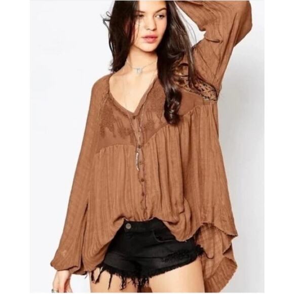Free People Long SleeveTop Rust Brown High Low Hem Festival Boho Peasant Fall - Picture 1 of 10